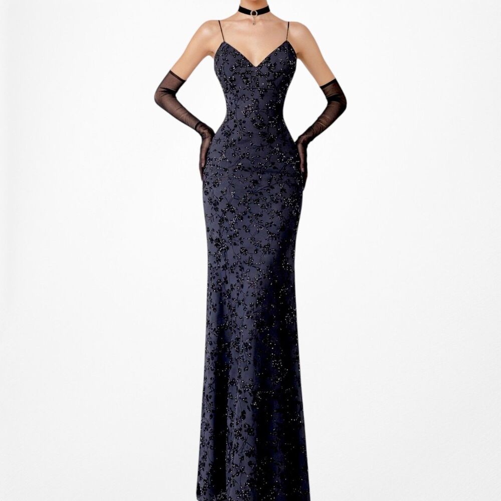 Vintage Y2K Purple Blue Knit Floral Velvet Beaded Bodycon Maxi Prom Dress S/M